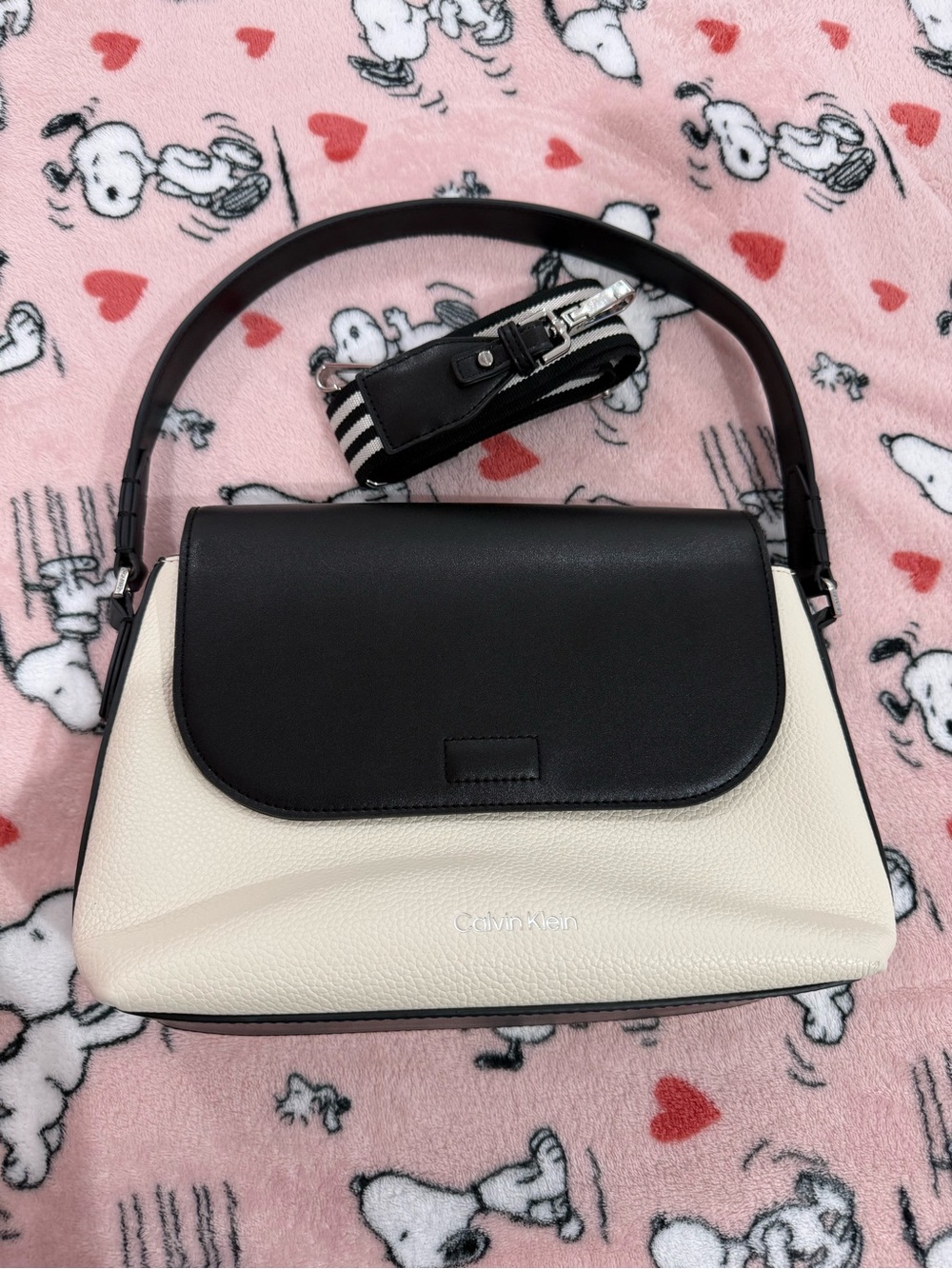 Calvin Klein Black and Cream Structured Shoulder Bag with Stripe Strap